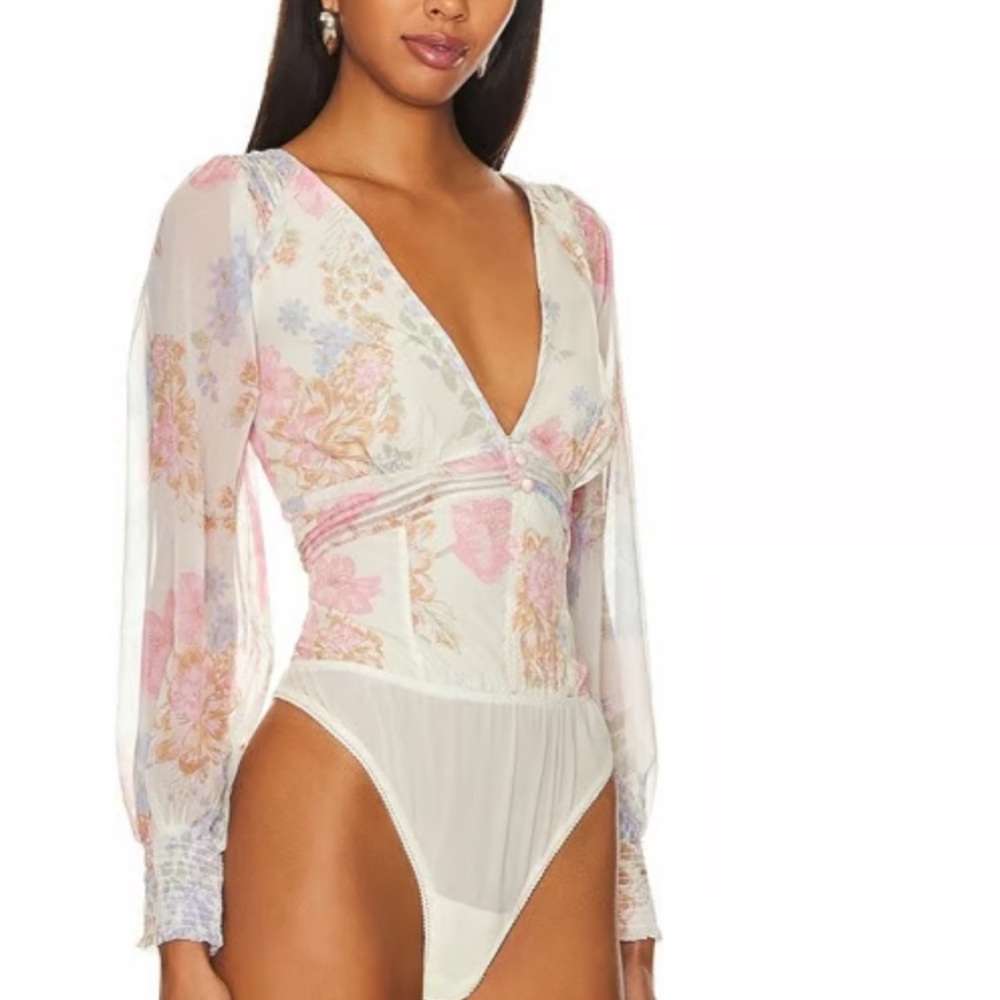 Free People Floral Sheer Bodysuit - Pink and White